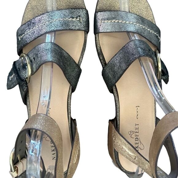Naked Feet Zeke Two Tone Metallic Buckle Block Heel Sandals Women’s Size 10 - Picture 8 of 10